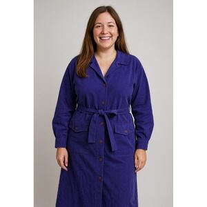 ERNST STRAUSS Ultrasuede 80s Midi Trench Coat Blue Belted‎ Buttons Pockets Women